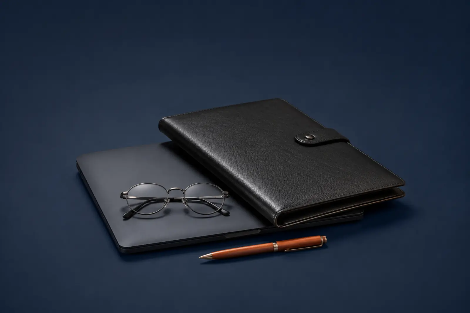 Agenda de cuero, lentes y bolígrafo sobre un escritorio