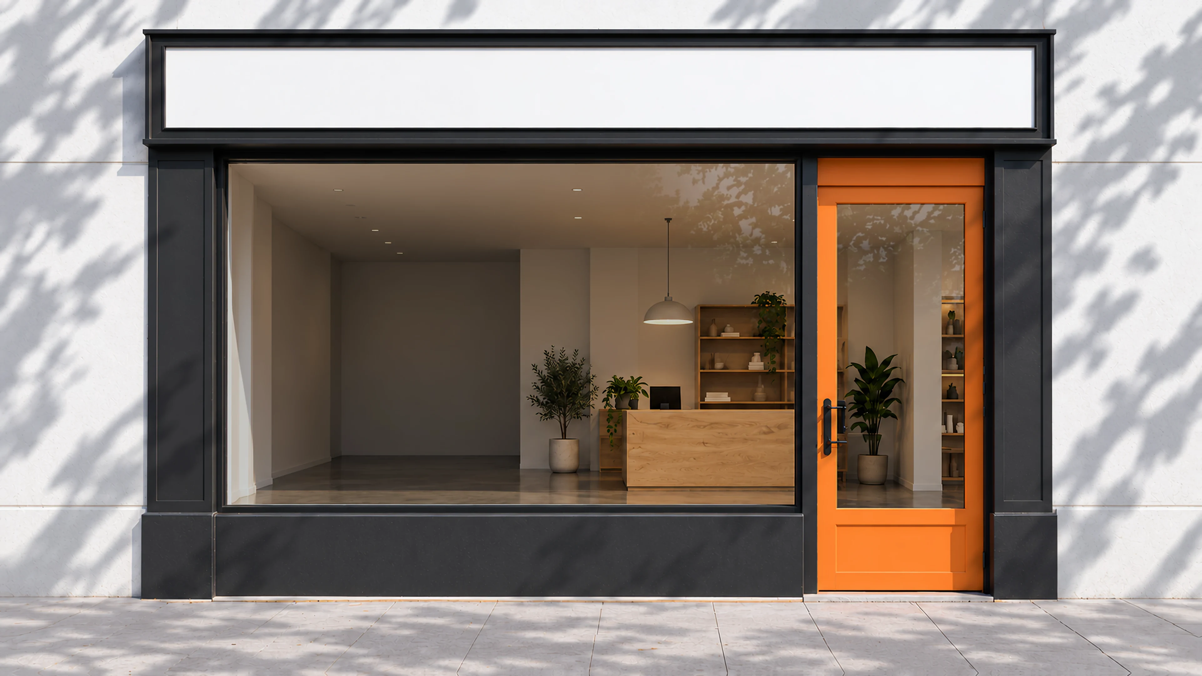 Fachada de un local con un gran escaparate iluminado y una puerta naranja